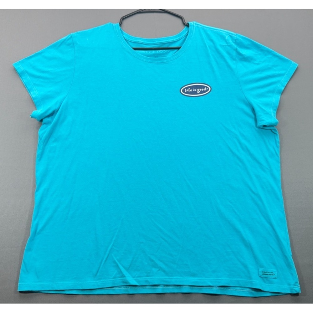 Life Is Good Womens XL Crusher Tee Teal Blue Van Go Graphic T-Shirt Dog Bike
